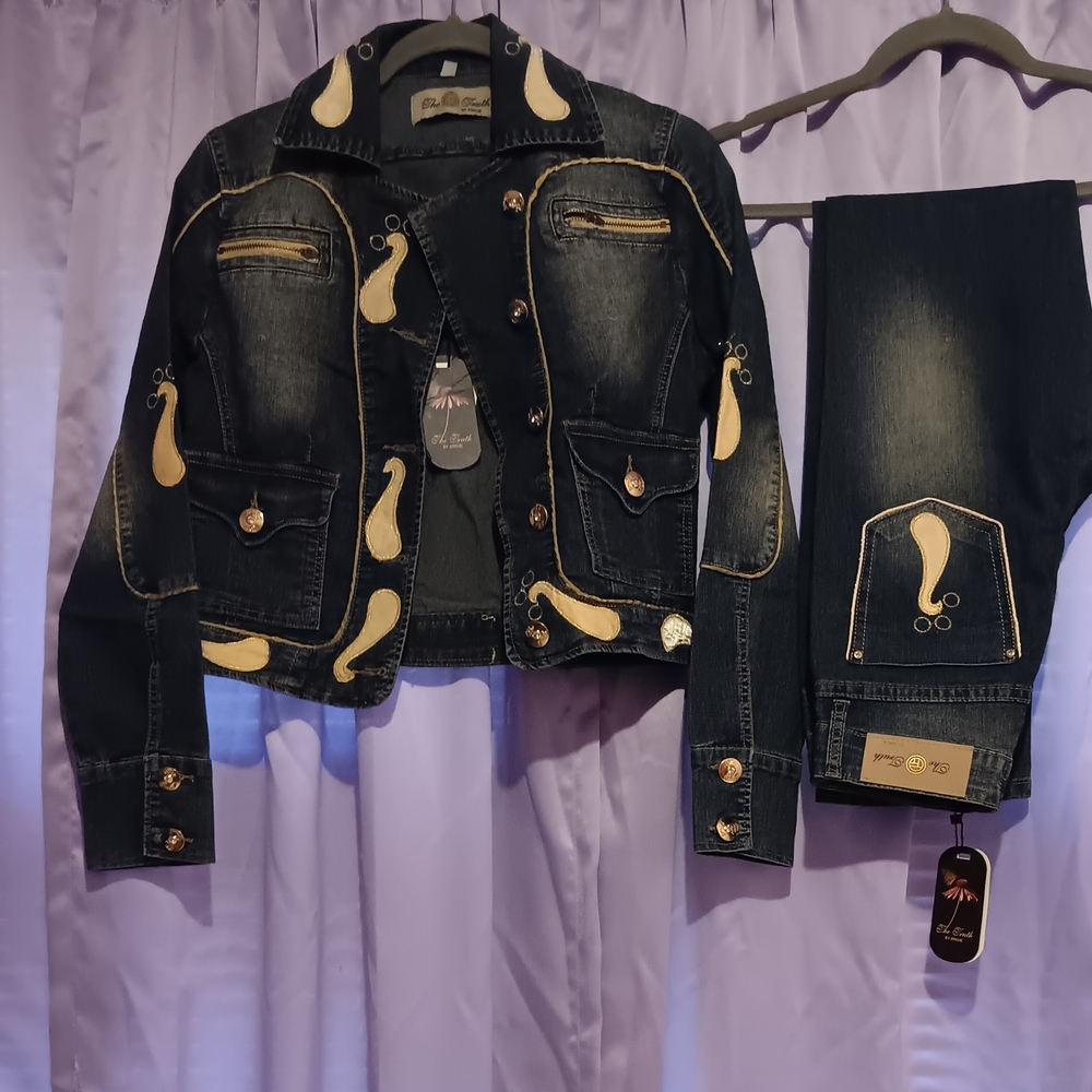 Designer Denim Jacket and Jeans Set with Gold Accents